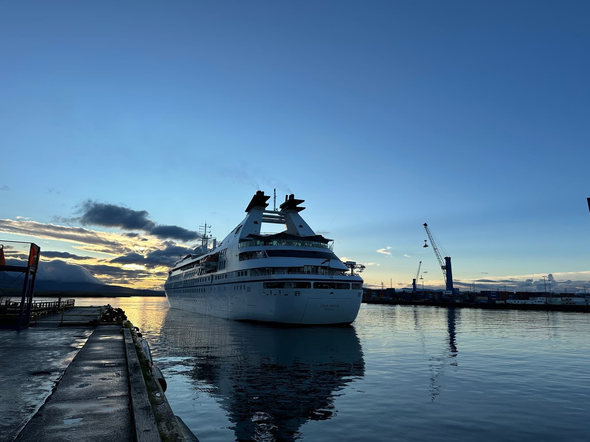 Cruise ship at dusk in Reykjavik harbour